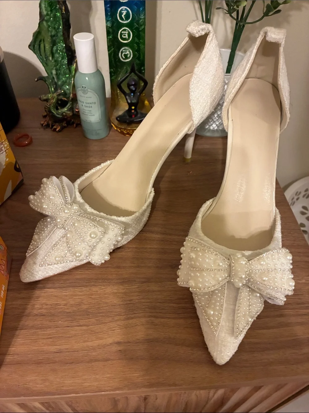 Pearl-Embellished Ivory Pointed Toe Heels - Womens